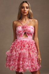 Daware Sleeveless Flower Printed Hollow Out Folds Mini Dress