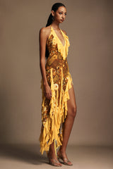 Uri Halter Sleeveless Flounce Printing Maxi Dress