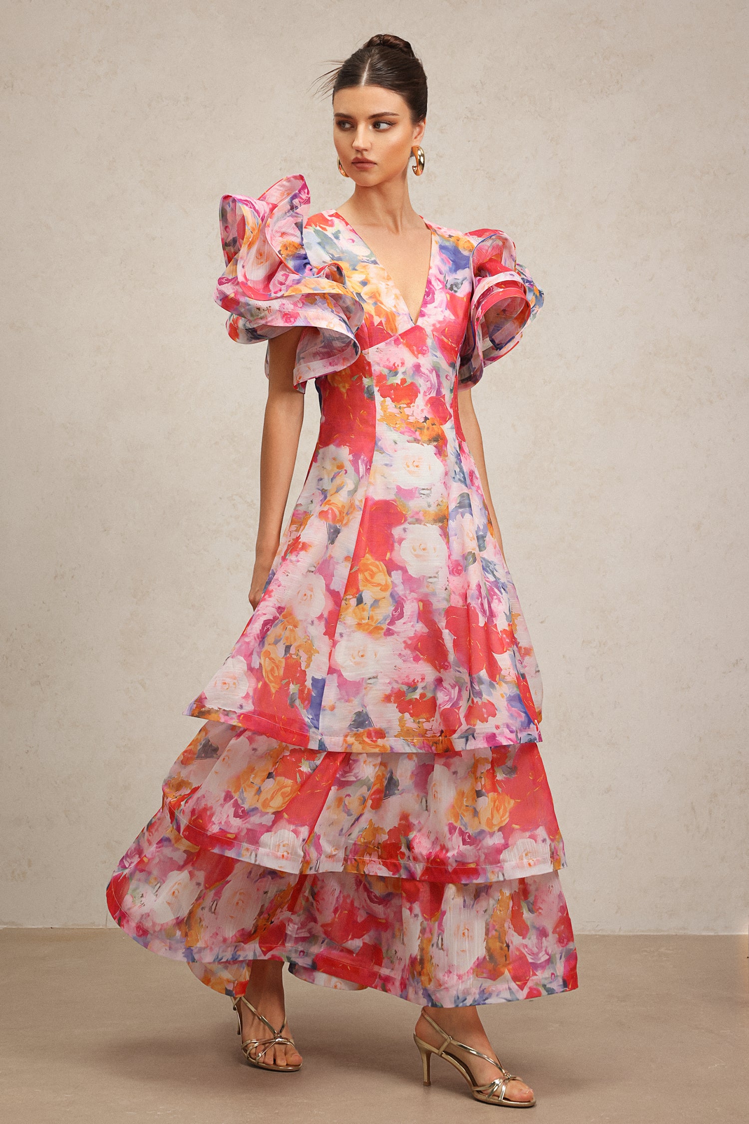 Wenie Printed V-Neck Folds Layered Maxi Dress