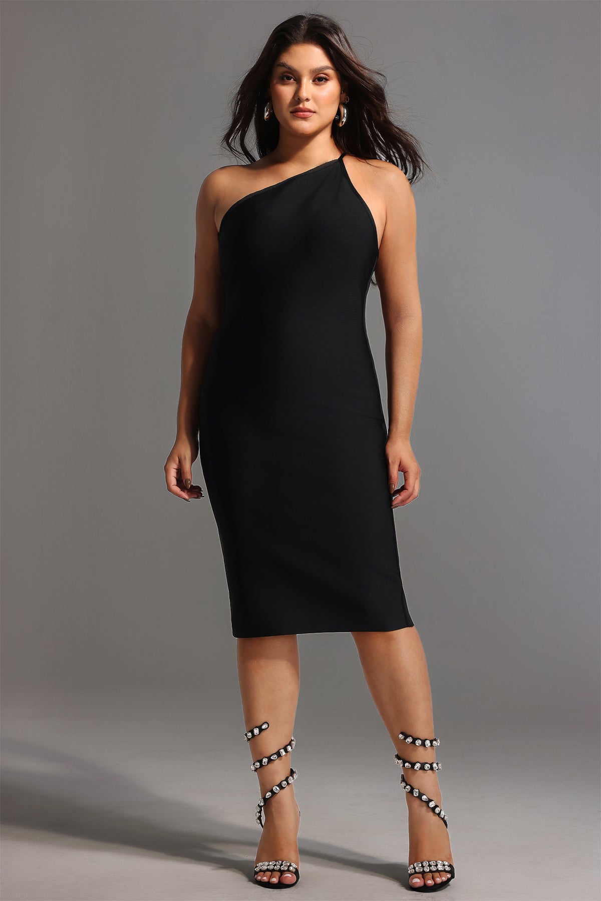 Janan One Shoulder Midi Cocktail Dress - Black