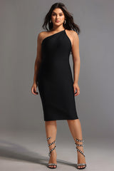Janan One Shoulder Midi Cocktail Dress - Black