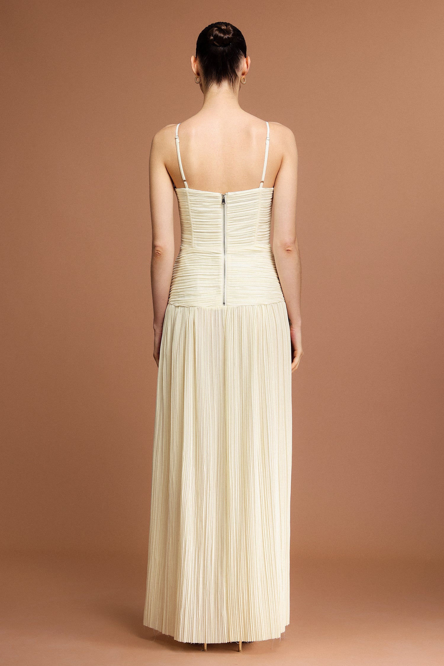 Serena Halter Fishbone Folds Slit Maxi Dress