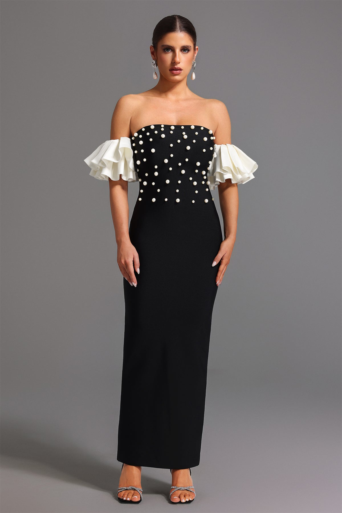 Mako Bandage Strapless Pearls Maxi Dress