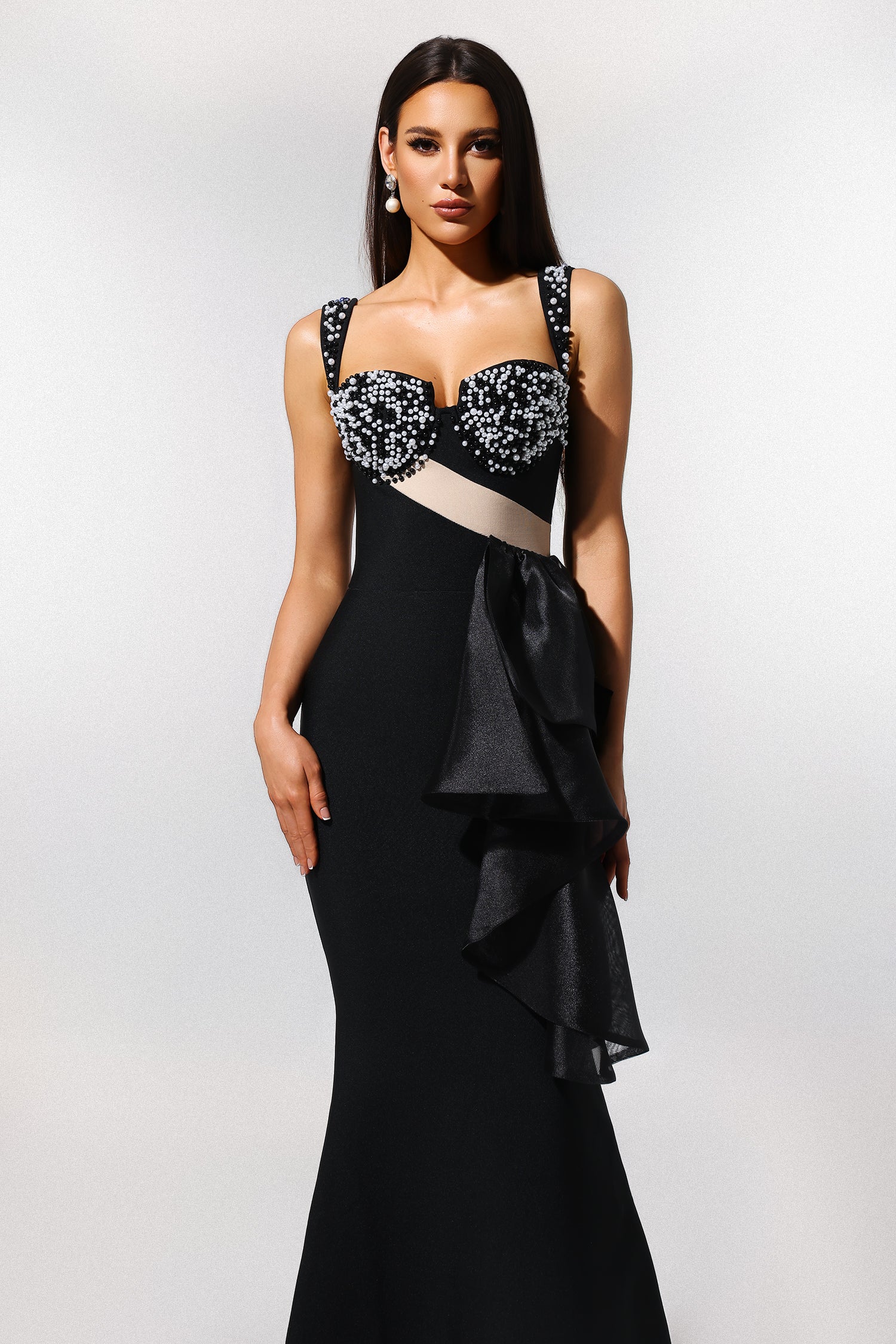 Havera Sleeveless Pearl Mesh Yarn Bandage Maxi Dress