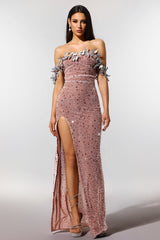 Siola Off-The-Shoulder Lace Slit Sequins Maxi Dress