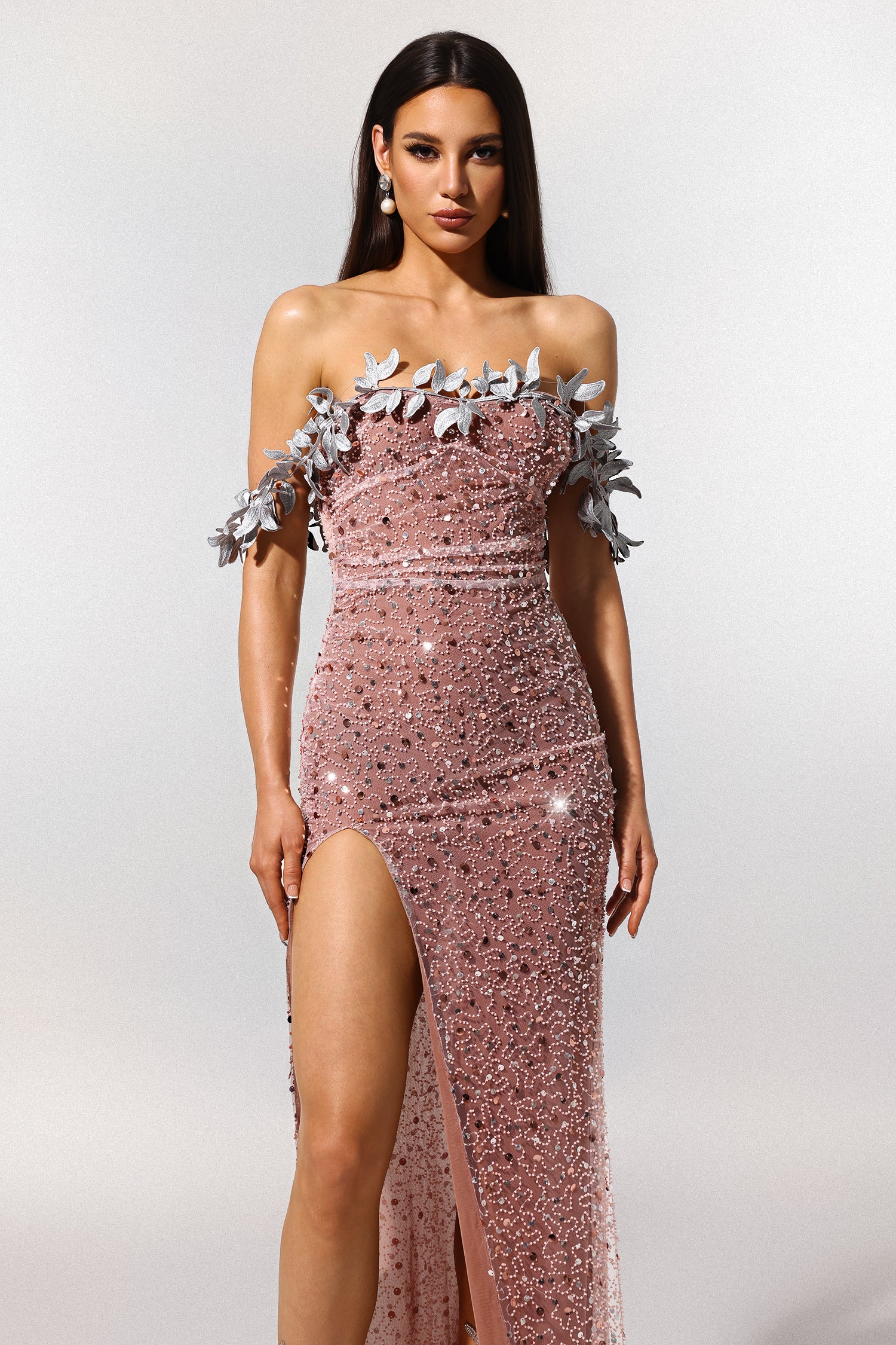 Siola Off-The-Shoulder Lace Slit Sequins Maxi Dress