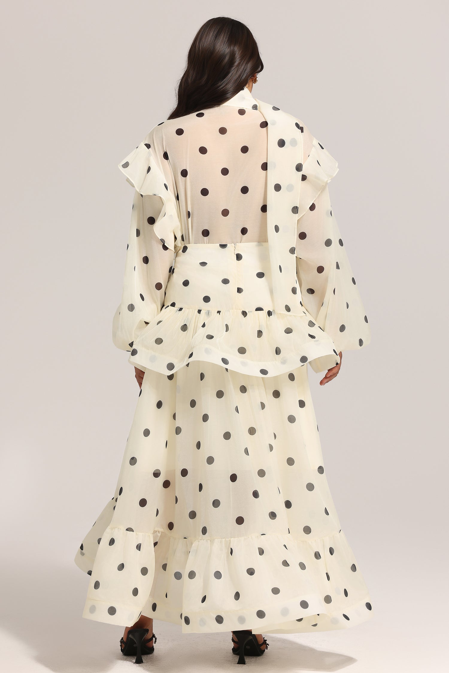 Rode Dot Printed Folds Long Sleeves Top And Skirt Two-Piece Set