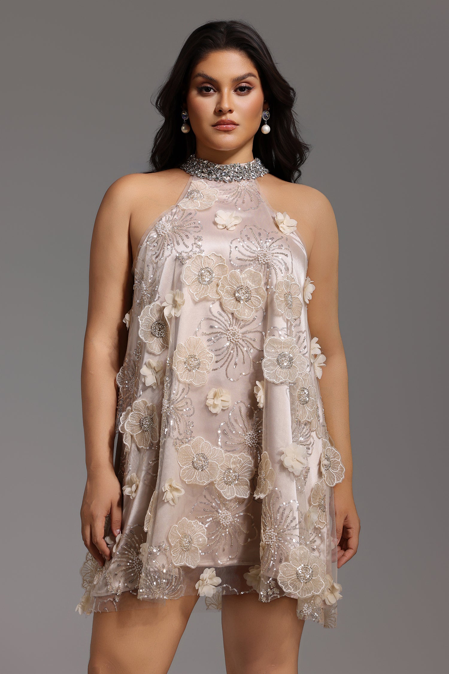 Viaua Halter Flowers Diamond Mini Dress