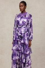 Jolie Round Neck Long Sleeves Floral Printed Folds Maxi Dress