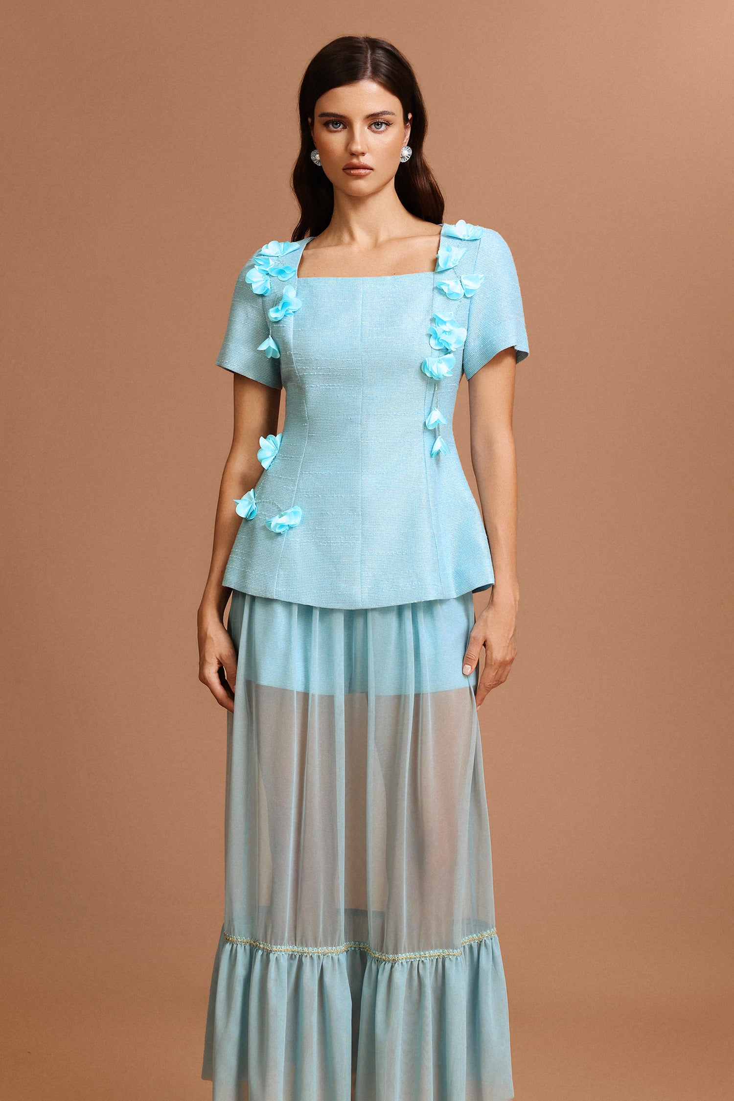 Linnaea Short Sleeves Flowers Folds Top And Skirt Two-Piece Set