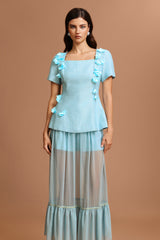Linnaea Short Sleeves Flowers Folds Top And Skirt Two-Piece Set
