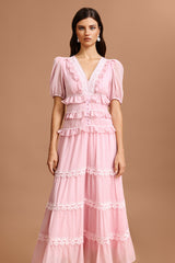 Jye V-Neck Puff Sleeves Folds Lace Maxi Dress