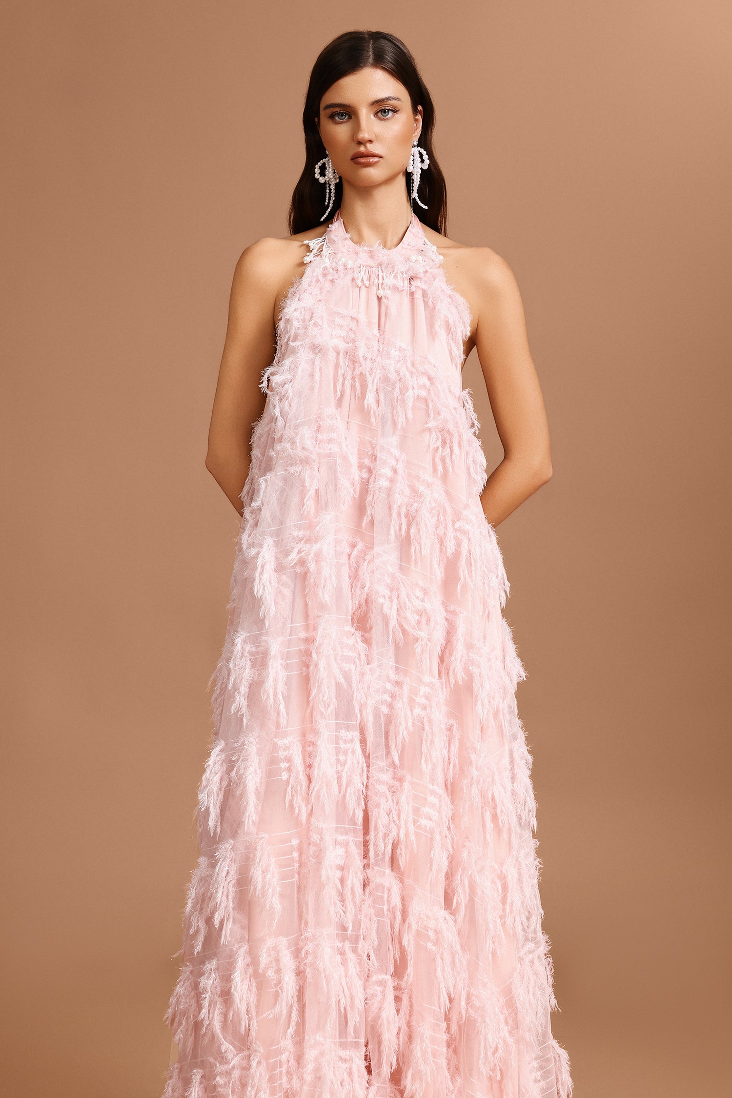Klore Sleeveless Pearl Tassels Artificial Feather Maxi Dress