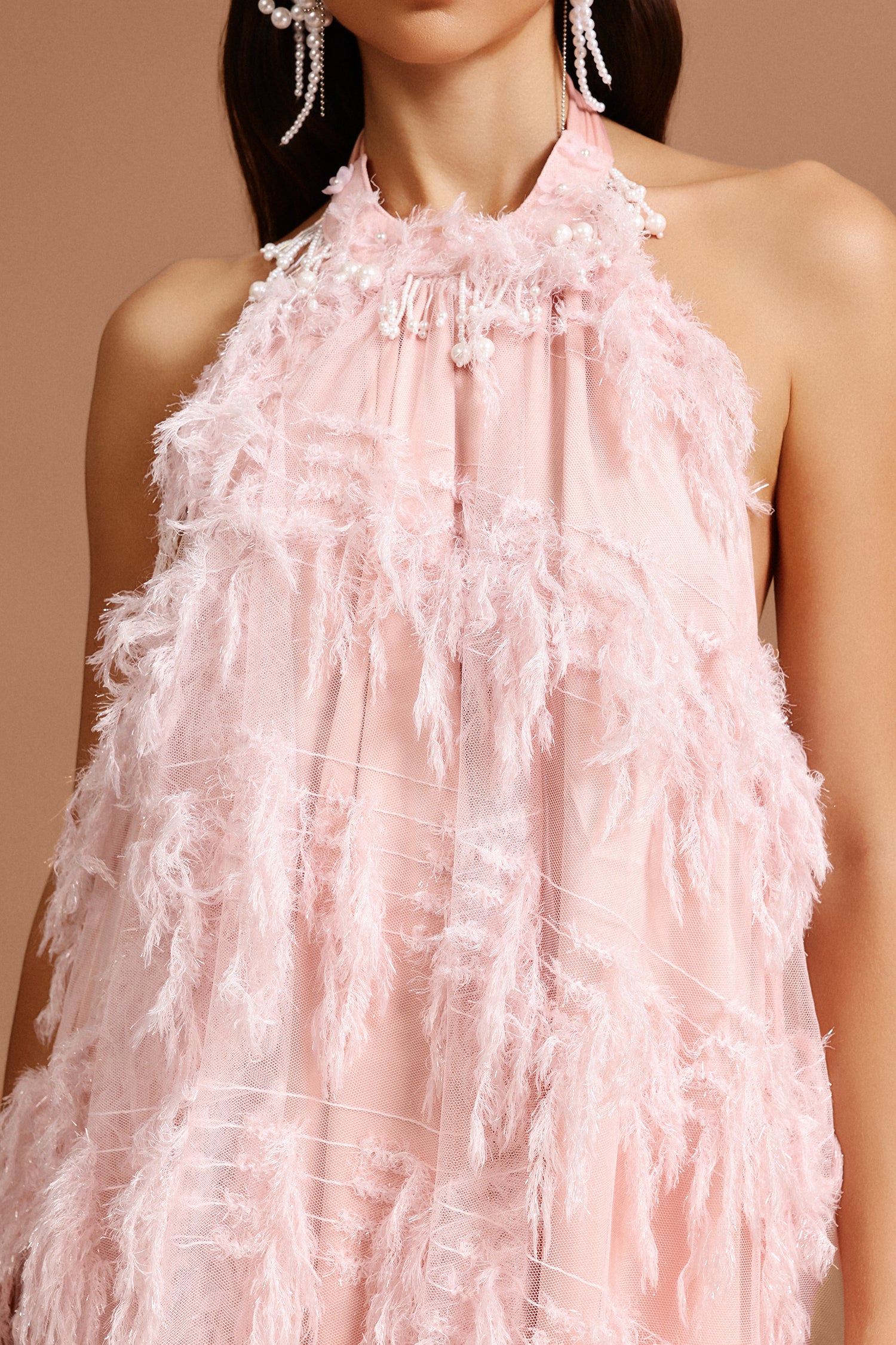Klore Sleeveless Pearl Tassels Artificial Feather Maxi Dress