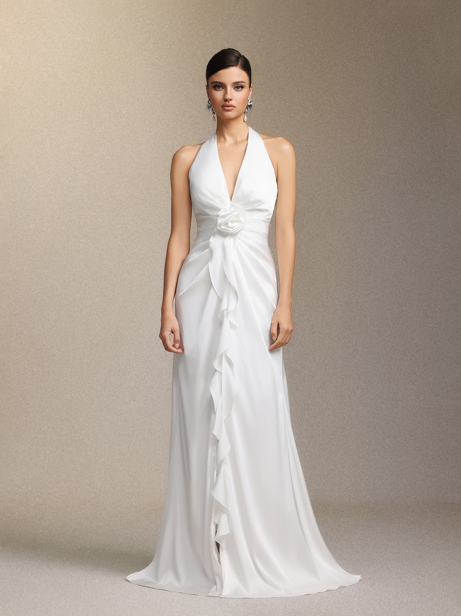Salla Ruthie Halter-neck three-dimensional flower ruffled cinched waist maxi dress