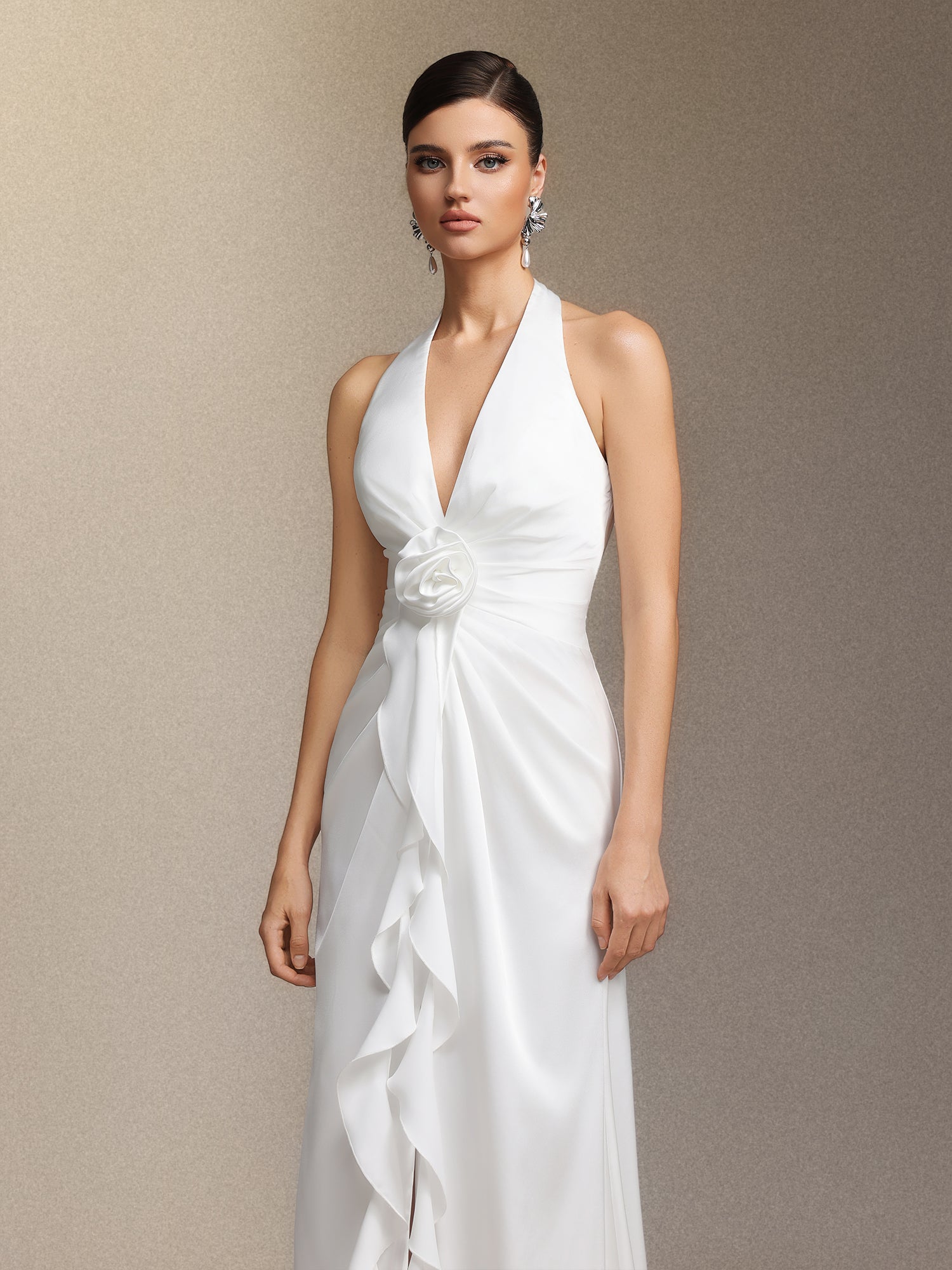 Salla Ruthie Halter-neck three-dimensional flower ruffled cinched waist maxi dress