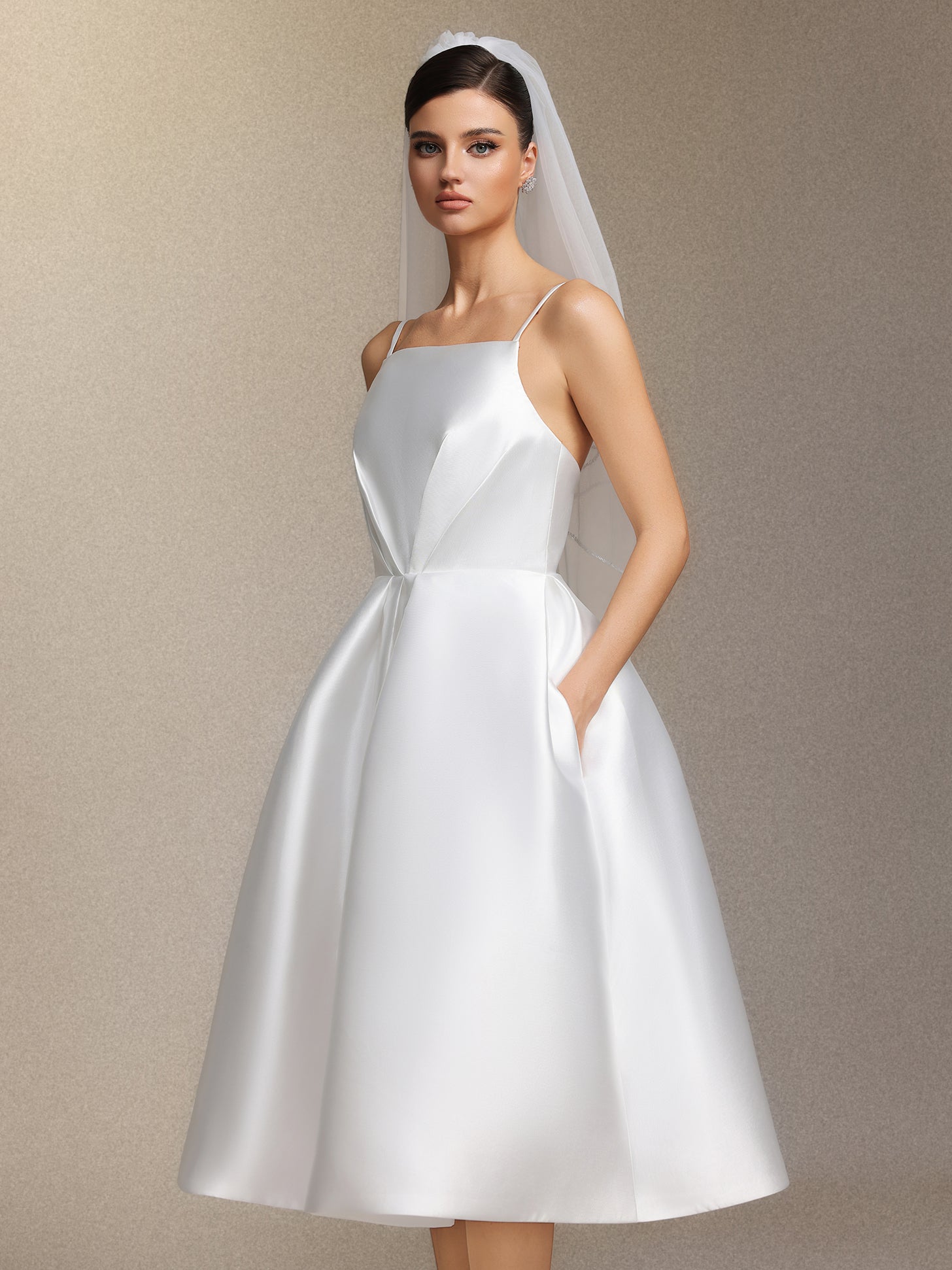 Joy Millipin .Halter top square collar mid-length style midi wedding dress