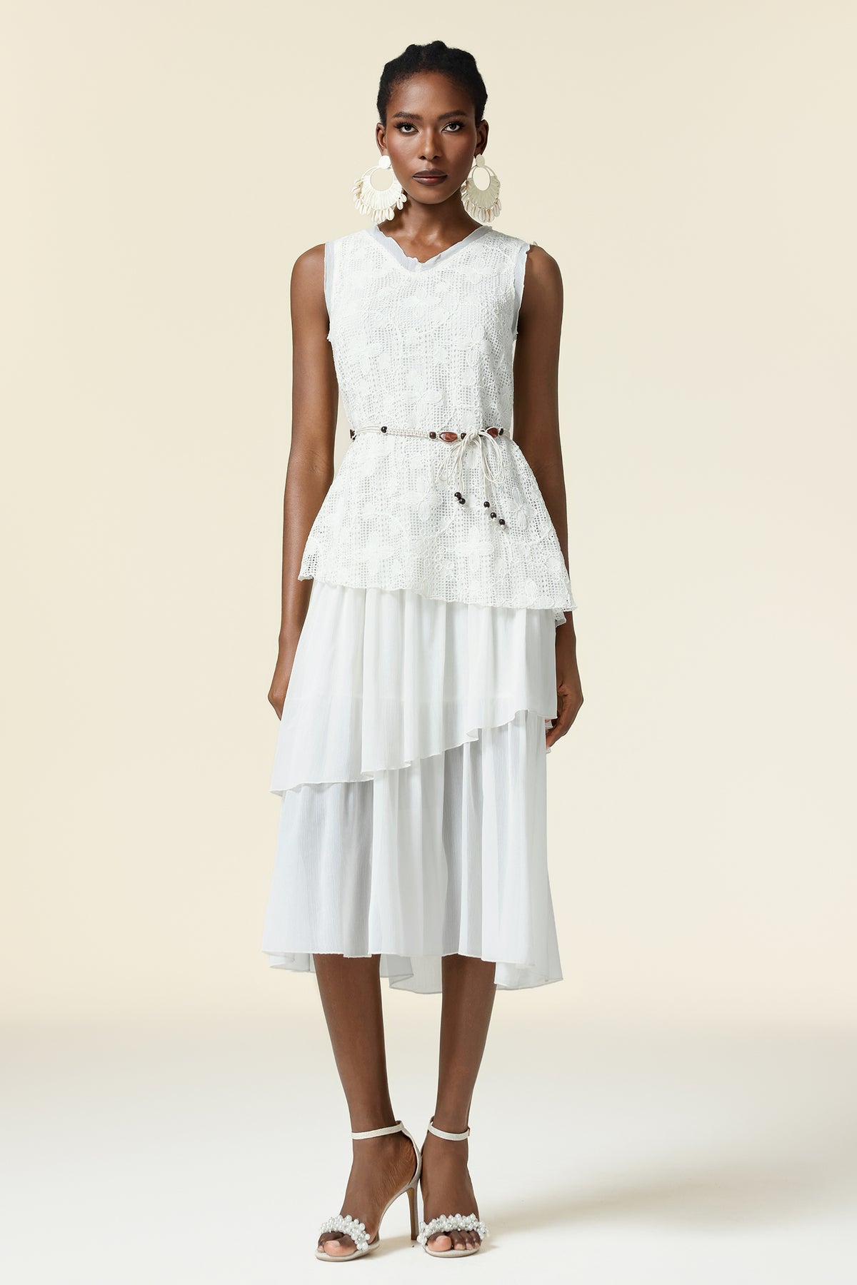 Edie V-Neck Lace Folds Midi Dress