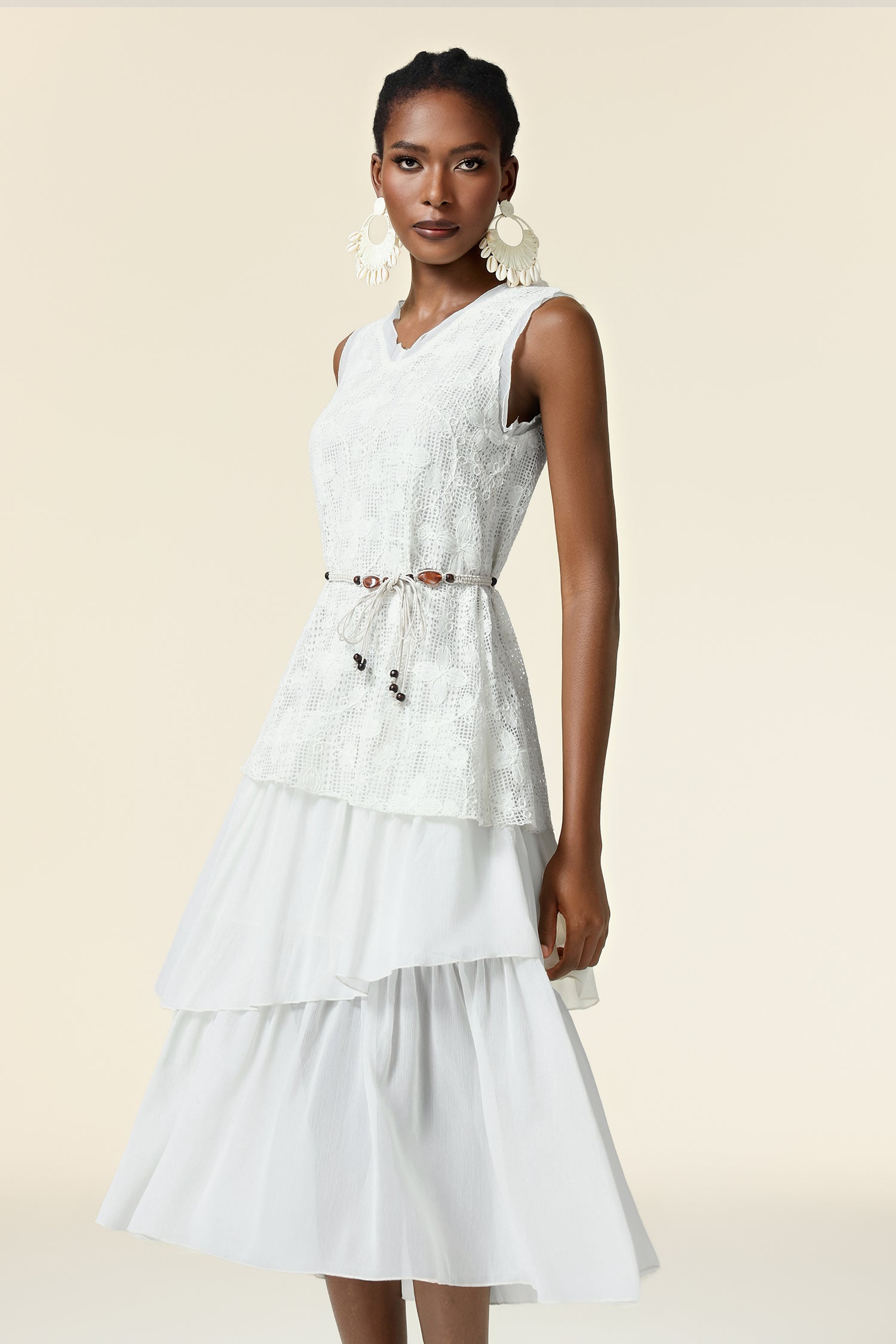 Edie V-Neck Lace Folds Midi Dress