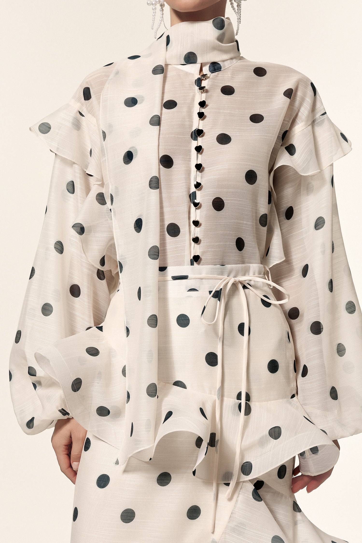 Vleah Streamer Long Sleeves Dot Printed Asymmetric Folds Midi Dress