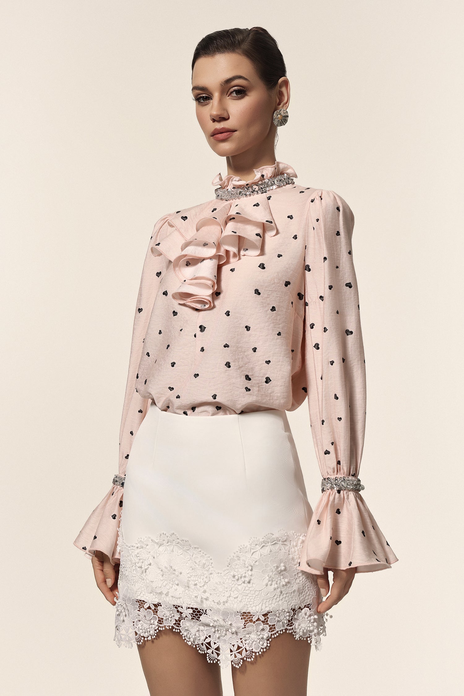 Krome Folds Dot Printed Sequin Lace Top And Skirt Two-Piece Set