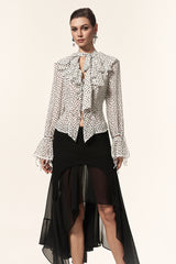 Gerianna V-Neck Long Sleeves Folds Dot Printed Asymmetric Top And Skirt Two-Piece Set