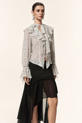 Gerianna V-Neck Long Sleeves Folds Dot Printed Asymmetric Top And Skirt Two-Piece Set