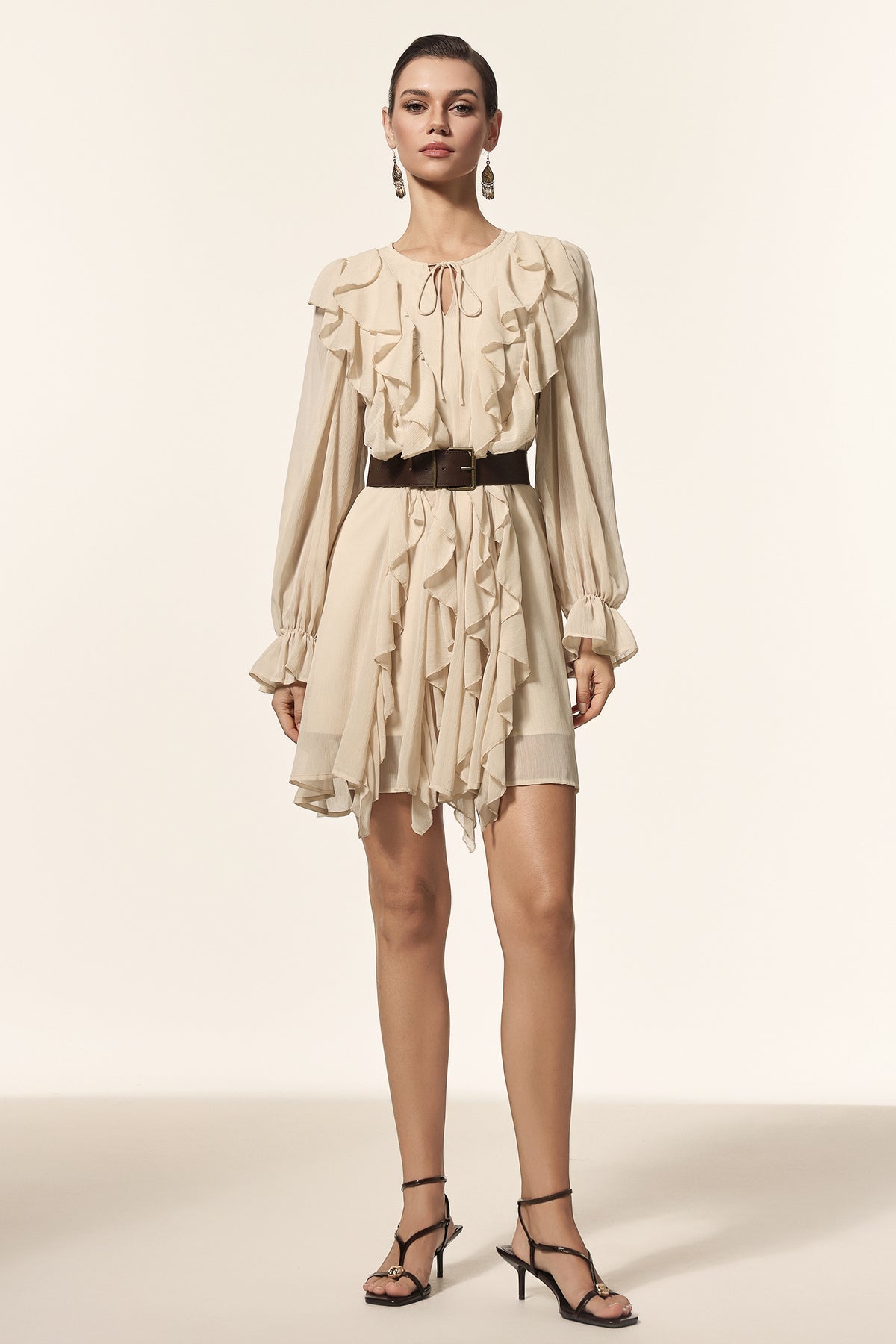 Kavaza Round Neck Long Sleeves Folds Mini Dress