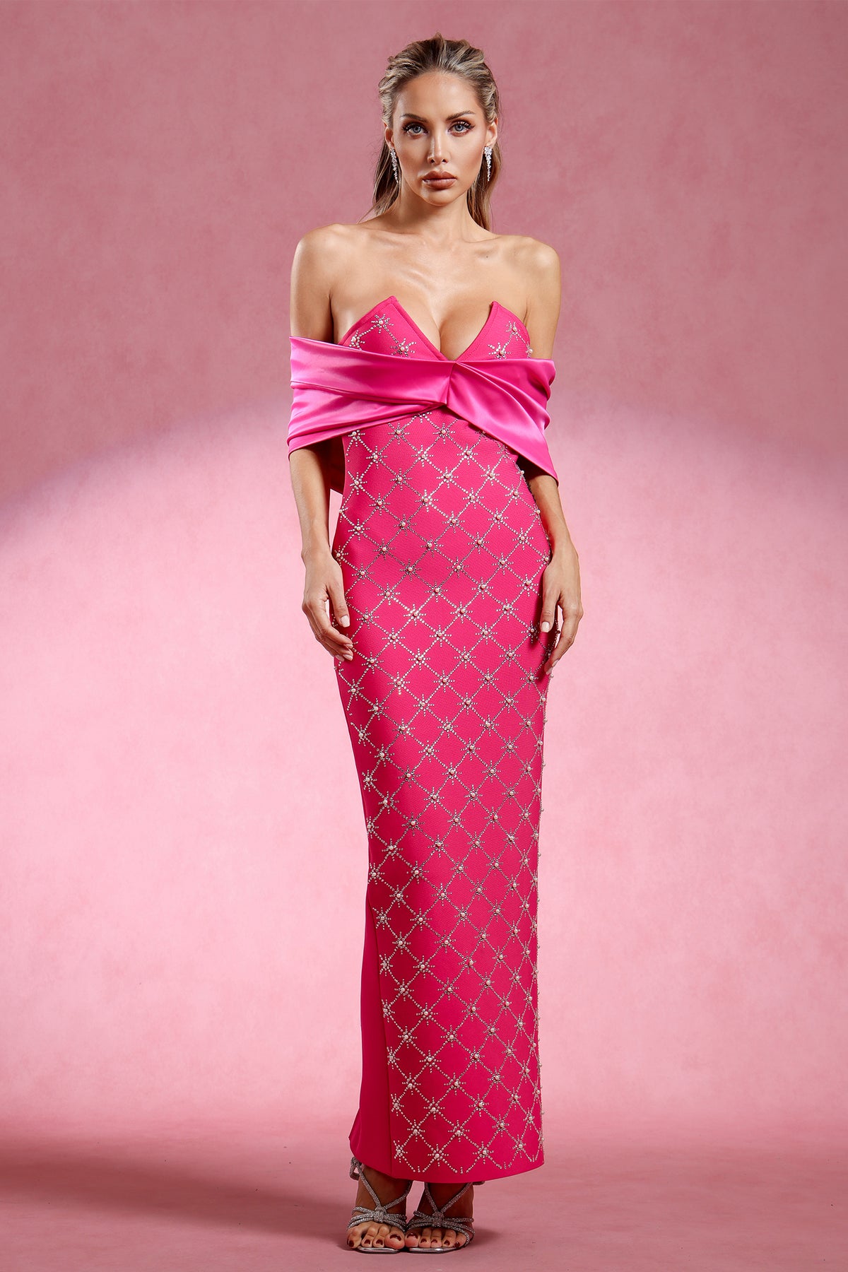 Haliya Off The Shoulder V Neck Diamond Bandage Maxi Dress
