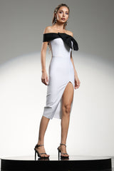 Locava Off The Shoulder Bow Contrast Color Bandage Midi Dress