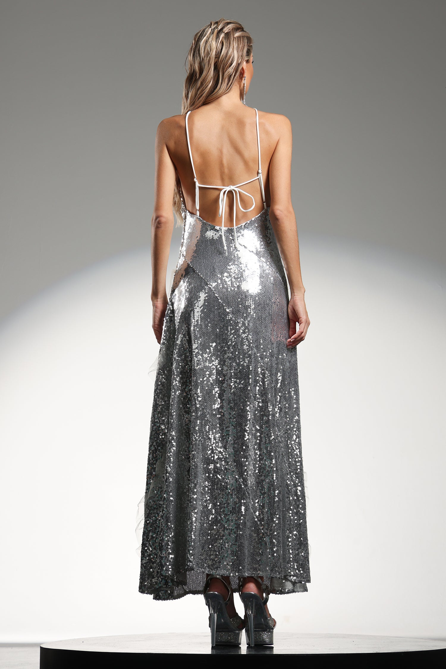 Dilara Sleeveless Halter Sequins Ruffled Maxi Dress