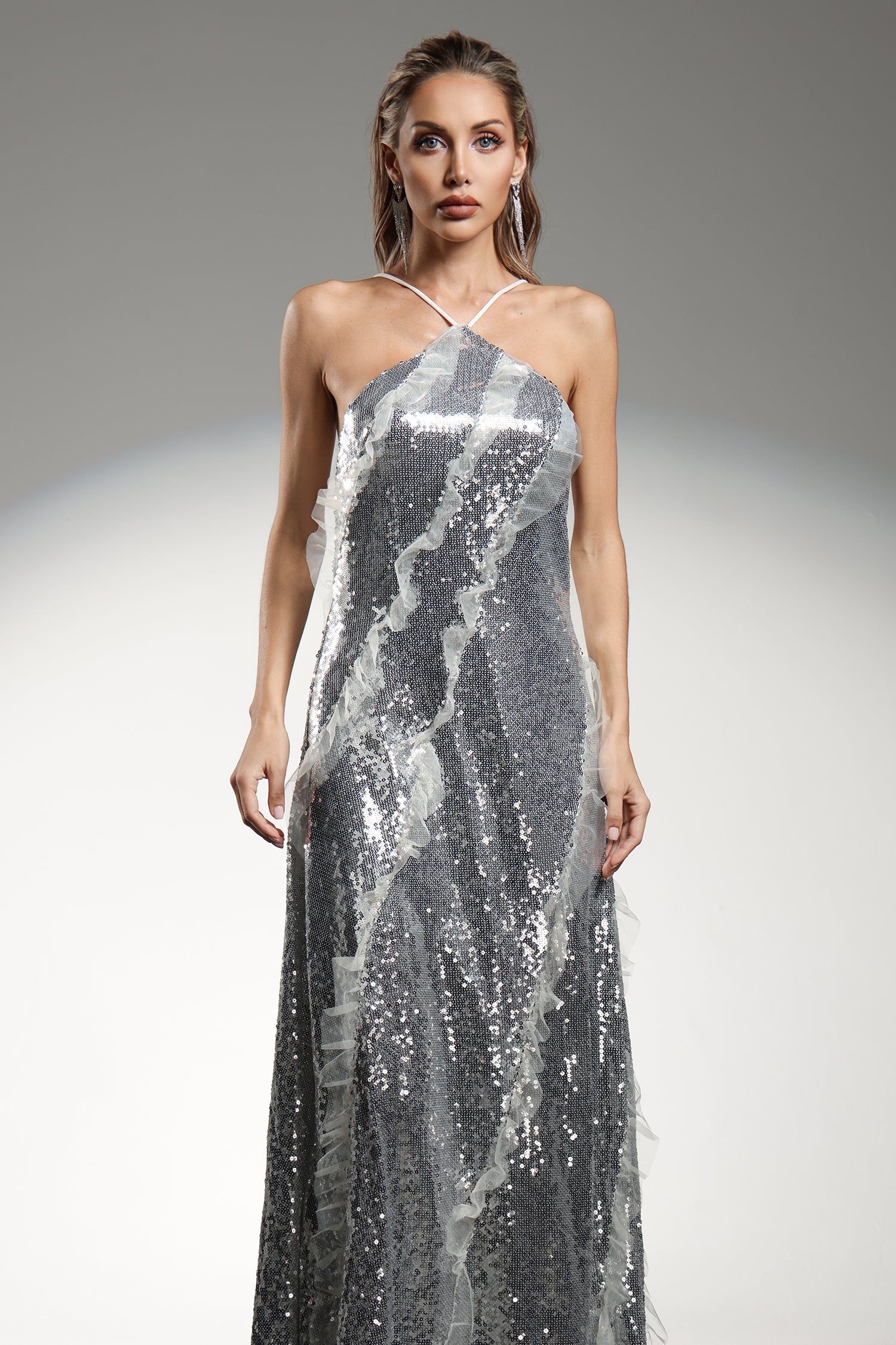 Dilara Sleeveless Halter Sequins Ruffled Maxi Dress