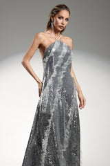 Dilara Sleeveless Halter Sequins Ruffled Maxi Dress