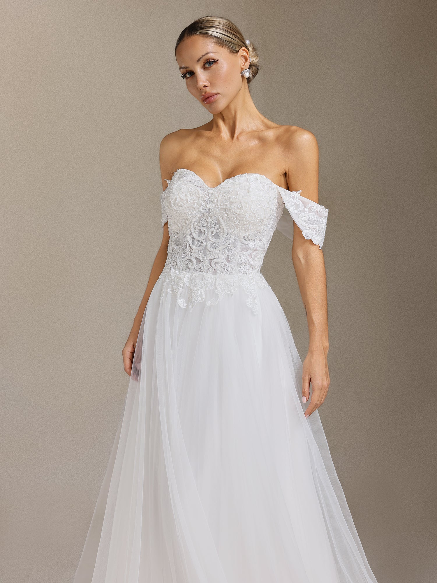Lala Off-the-shoulder Lace Fish bone maxi wedding dress
