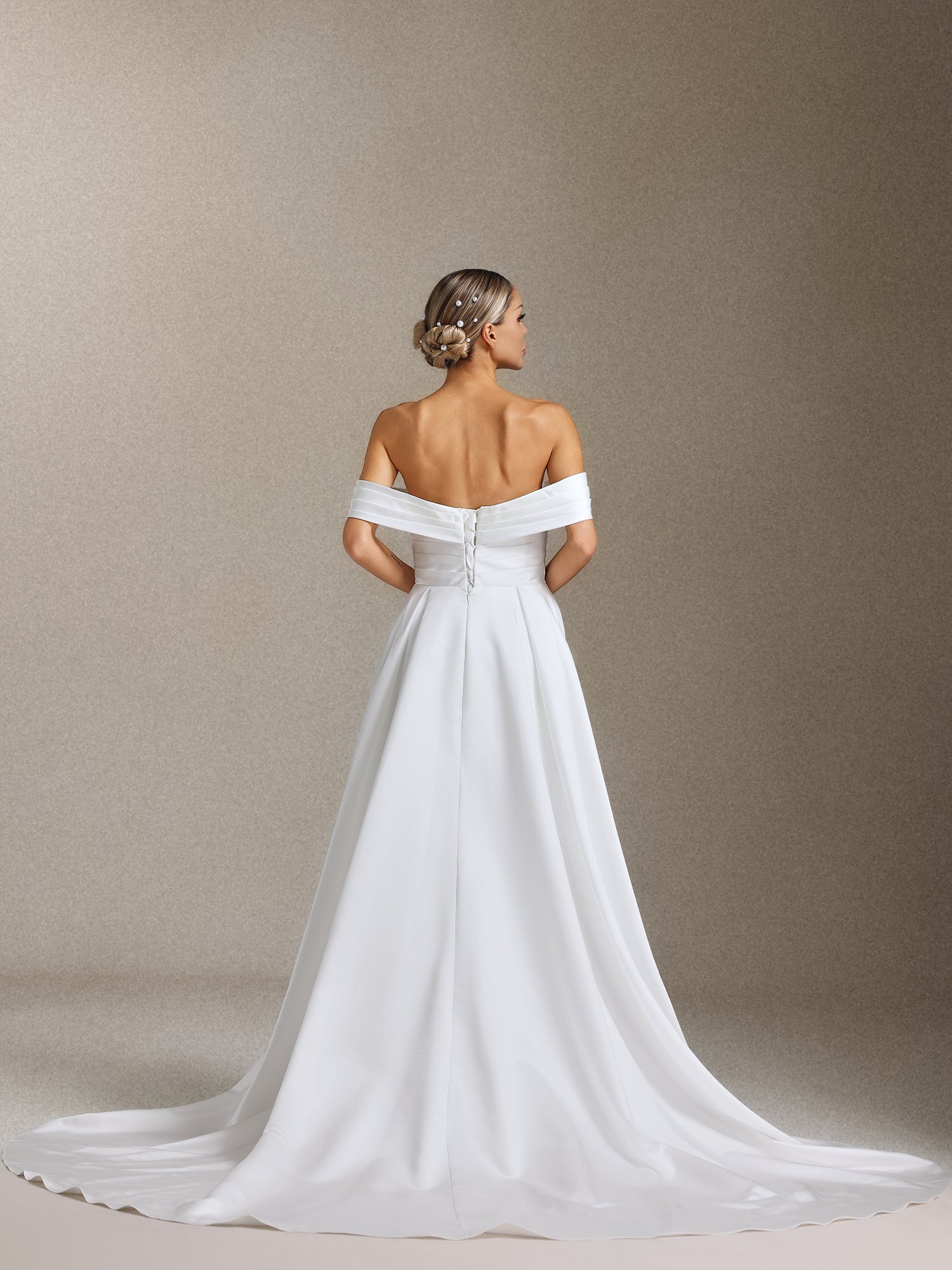Tenley Satin off-the-shoulder slit maxi wedding dress with a tailline