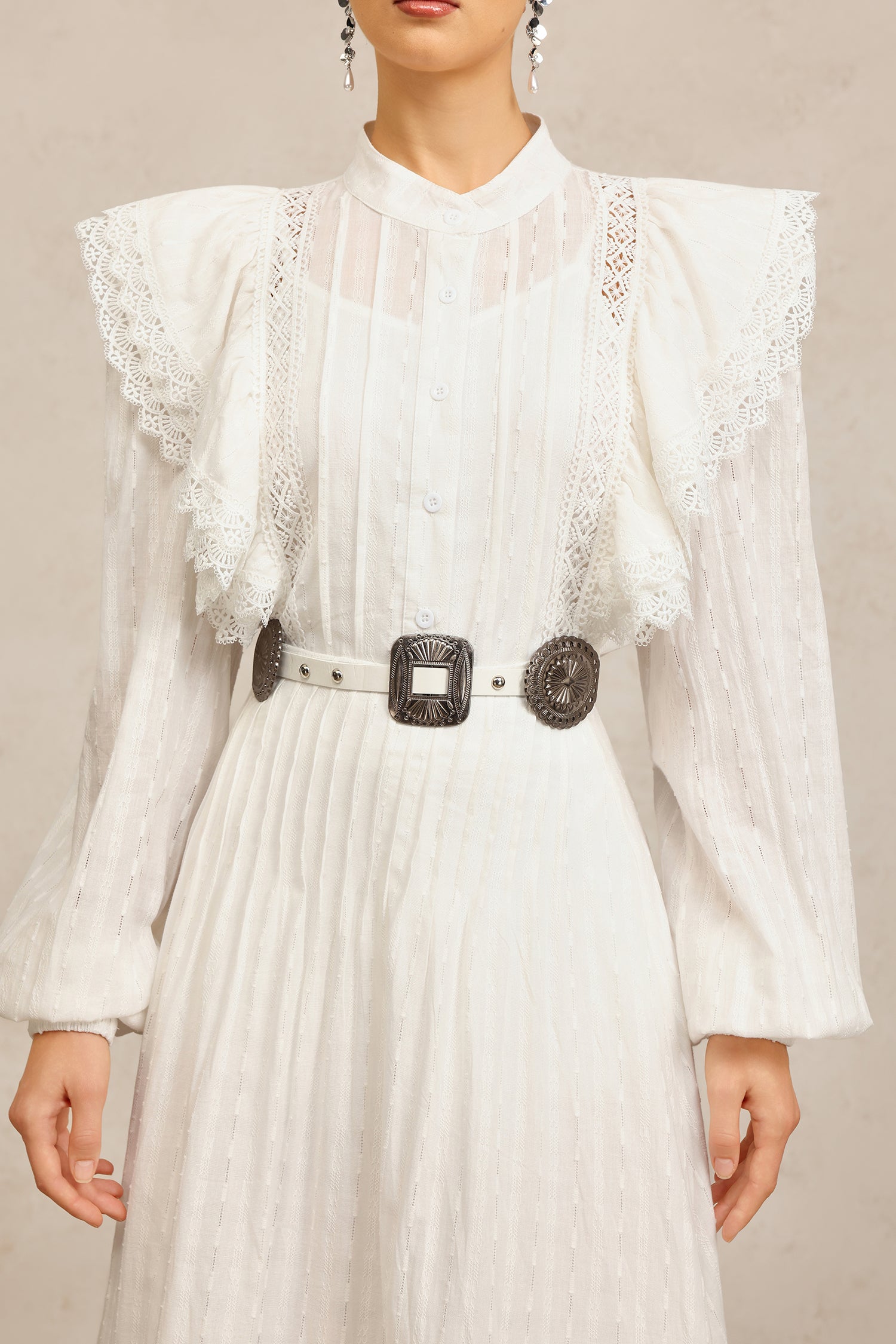 Ditala Long Sleeves Lace Folds Top And Skirt Two-Piece Set
