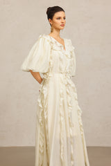 Wika V-Neck Elbow Sleeves Folds Beige Maxi Dress