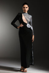 Wenie Long Sleeves Flower Slit Maxi Dress