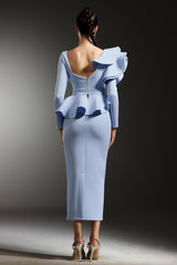 Faray Ruffled Long Sleeves Blue Maxi Dress