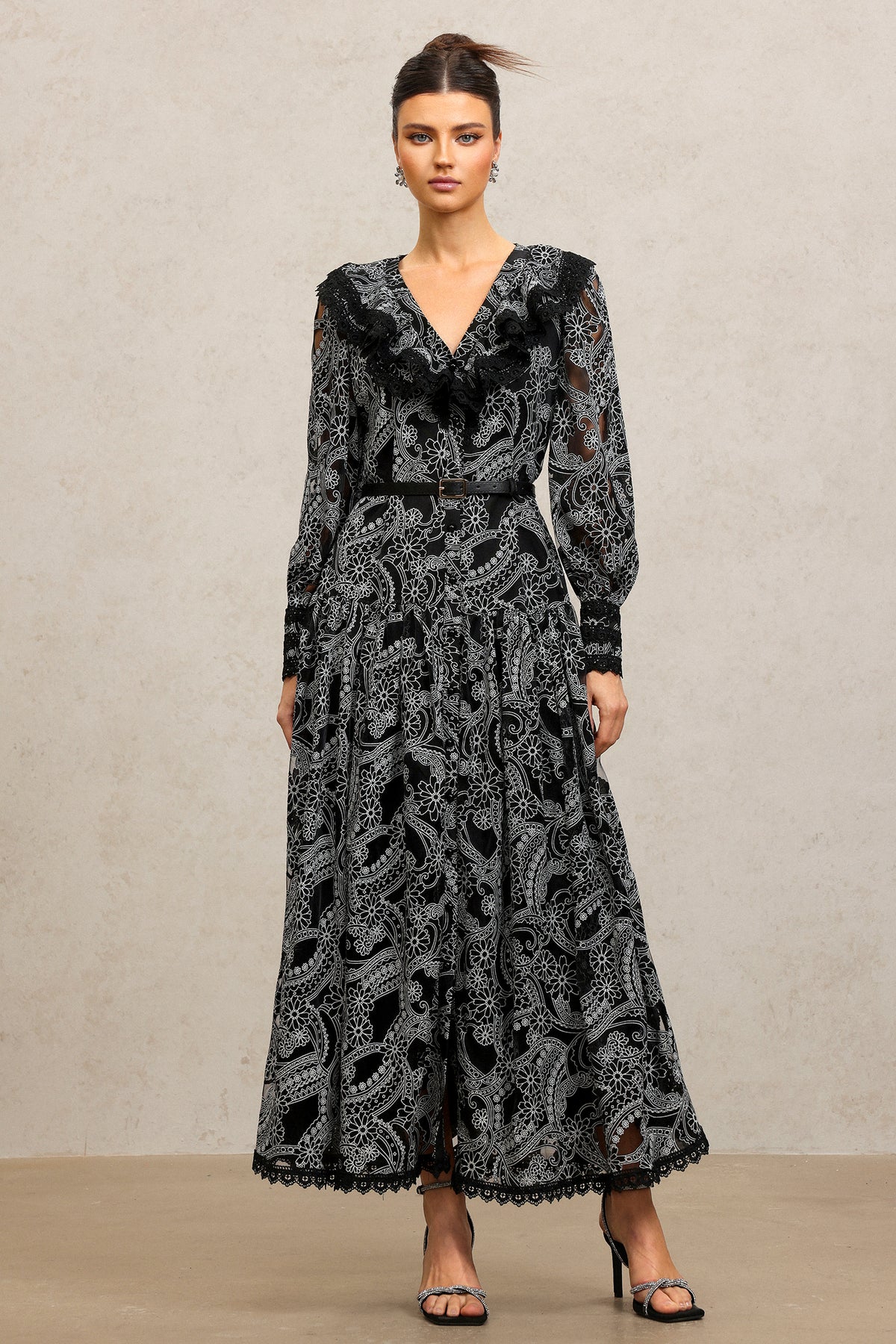 Nailah V-Neck Long Sleeves Lace Folds Maxi Dress