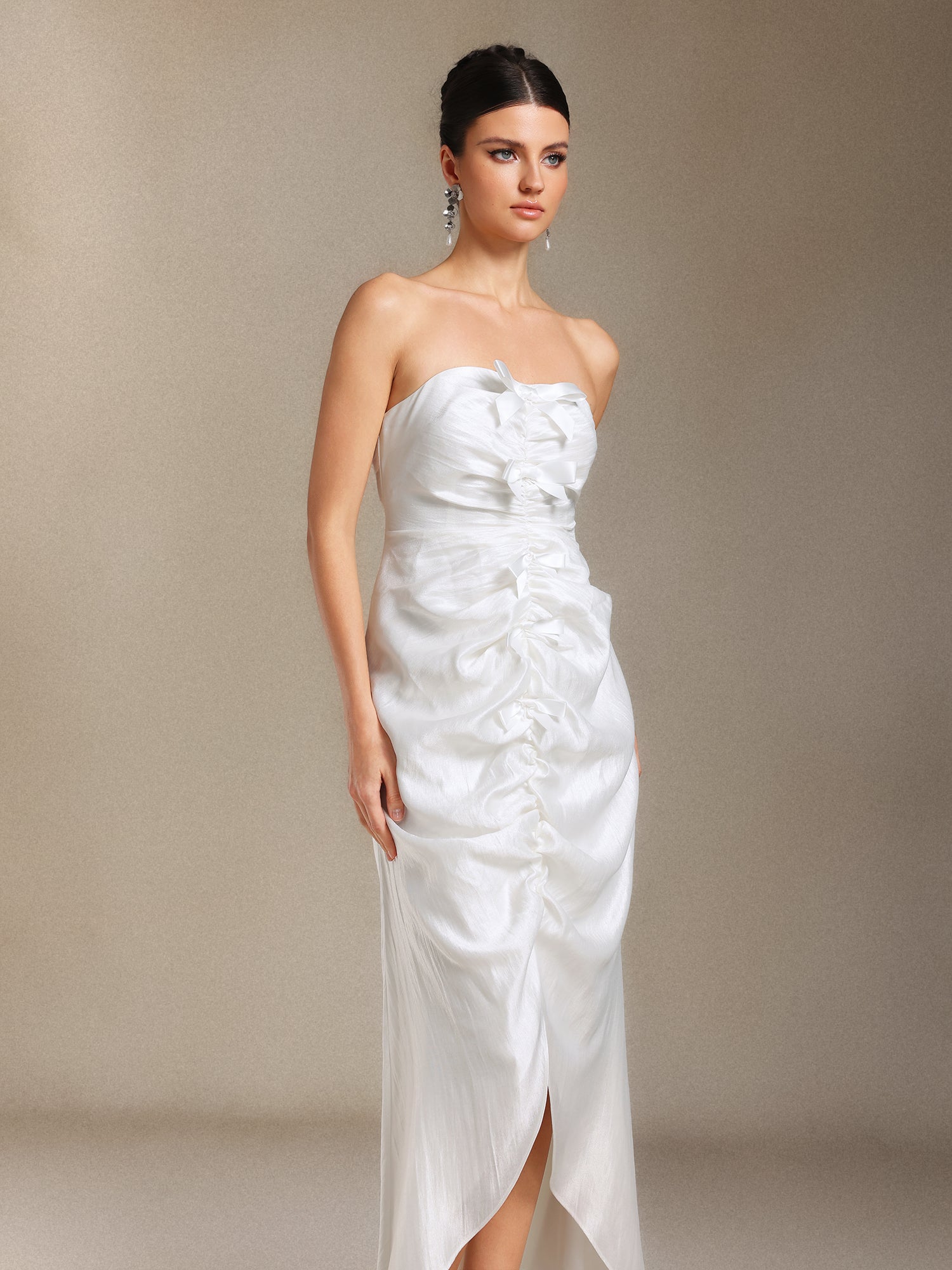 Lexy Chest smearing Fold Bow Slit maxi formal dress