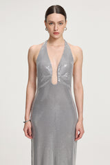 Sequined Halter V-neck Maxi Dress