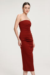 Ruched Strapless Crepe Midi Dress
