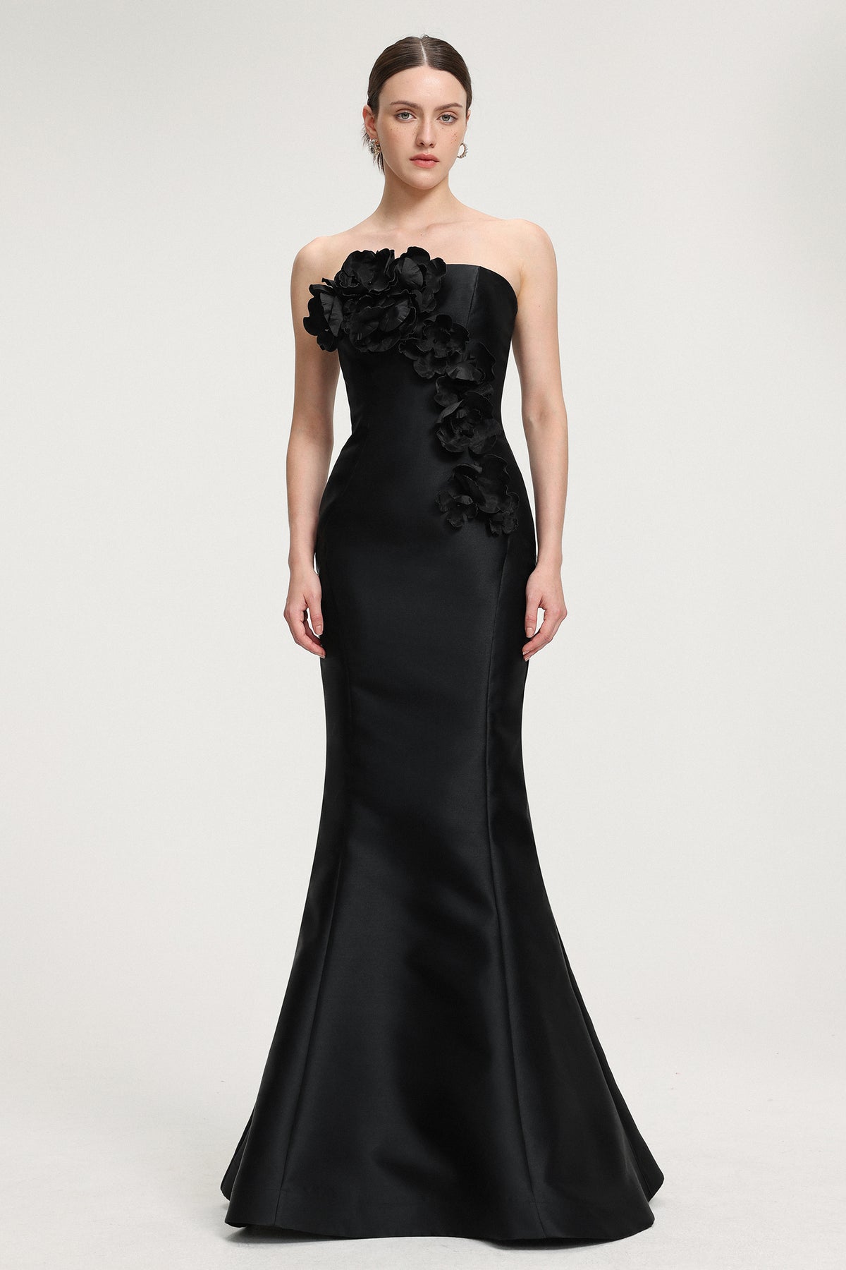 3D Floral - Embellished Strapless Satin Mermaid Maxi Dress