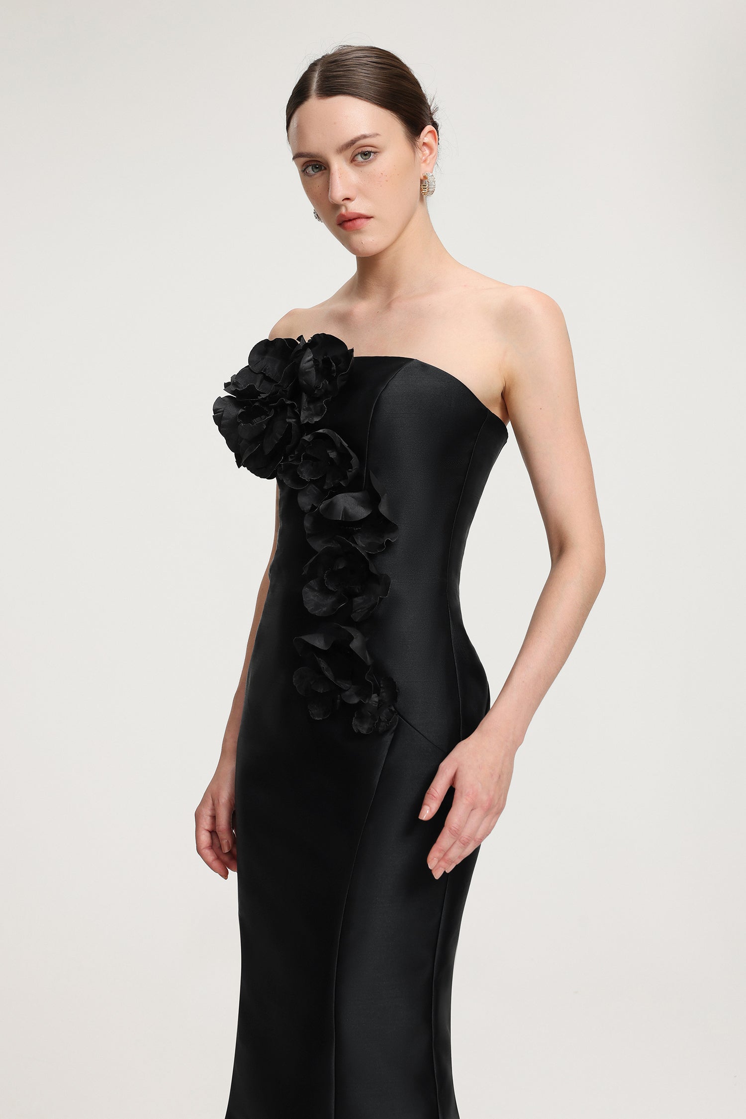 3D Floral - Embellished Strapless Satin Mermaid Maxi Dress