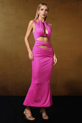 Lalida Sleeveless Halter Rhinestone Cut Out Maxi Dress