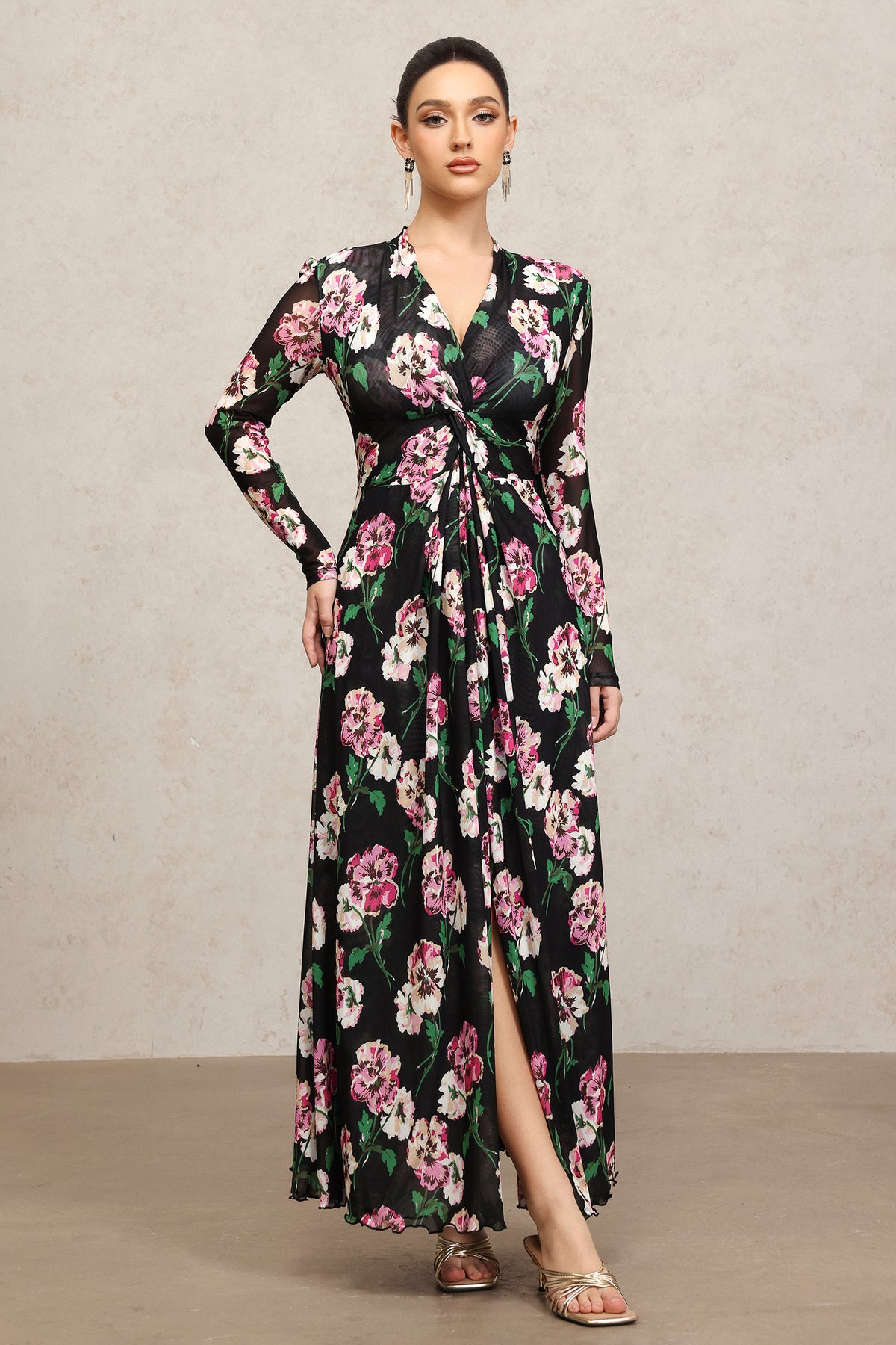 Melia Long Sleeves Floral Printed Slit Maxi Dress