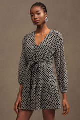 Jellay Vintage Chic V Neck Long Sleeve Chiffon Mini Dress