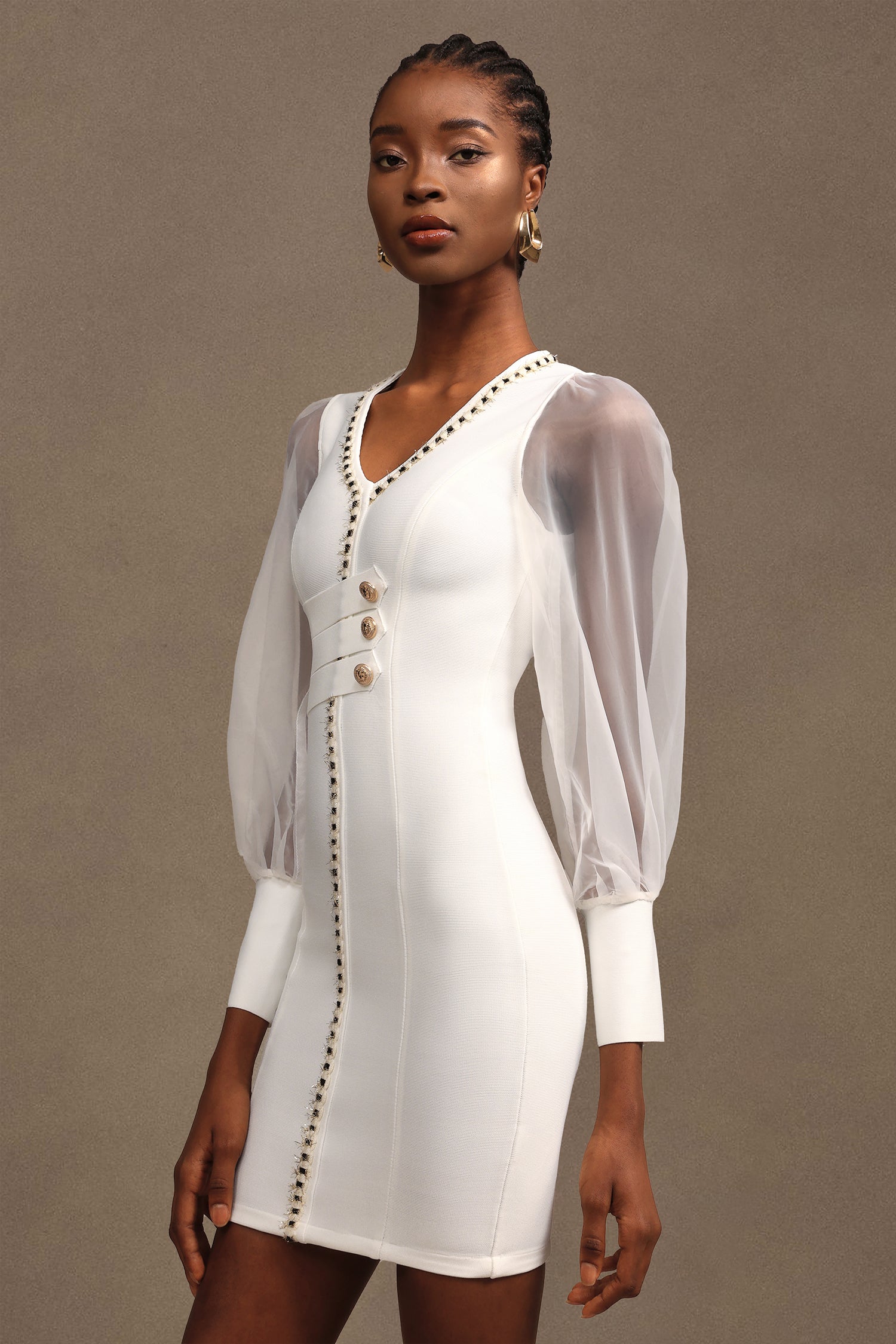 Lorelie Chic Contour Chiffon Long Sleeve Bandage Mini Dress