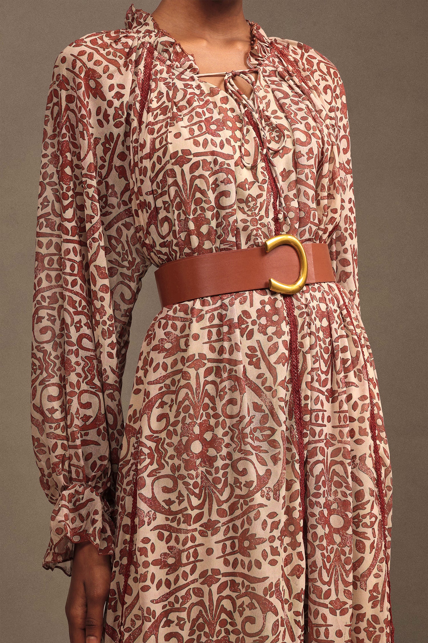 Dolo Resort Bohemian Flowy Long Sleeve Printed Chiffon Maxi Dress